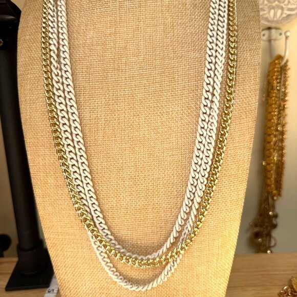 Monet Vintage White & Gold Tone Chain Necklace Multi-Strand Layered Design Elega - Picture 1 of 9